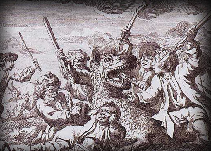  Illustration showing Jacques Portefaix and his friends fighting off the Beast 