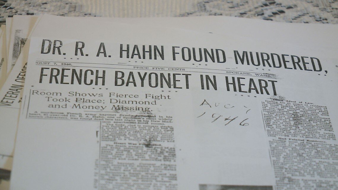  Newspaper clipping about Dr. Rudolph A. Hahn’s murder in 1946 by his own vintage bayonet.  Photo credit: KREM 2 CBS news. 