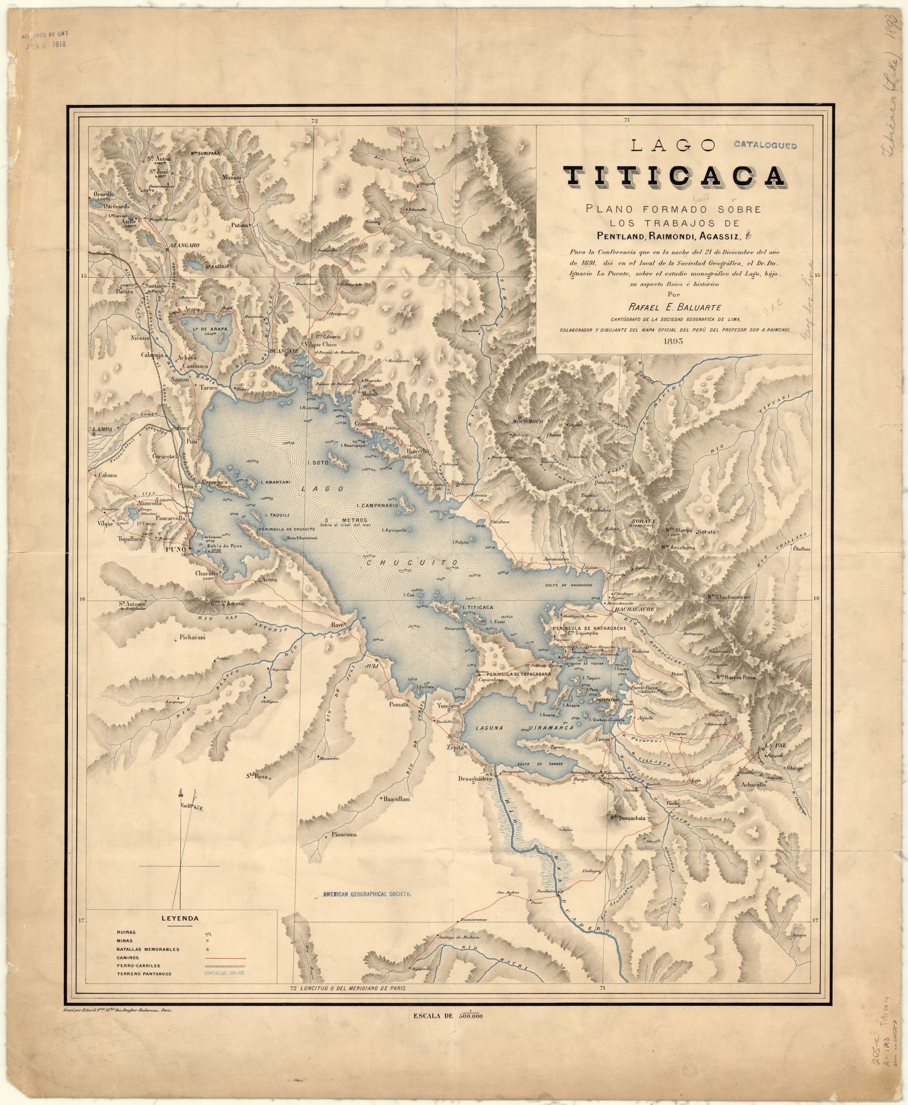 “This map of Lake Titicaca was made by Rafael E. Baluarte, cartographer of the Geographical Society of Lima, for a presentation to the society in December 1891 of a monographic study of the lake by Dr. Ignacio La Puente.”  From the Library of Congre