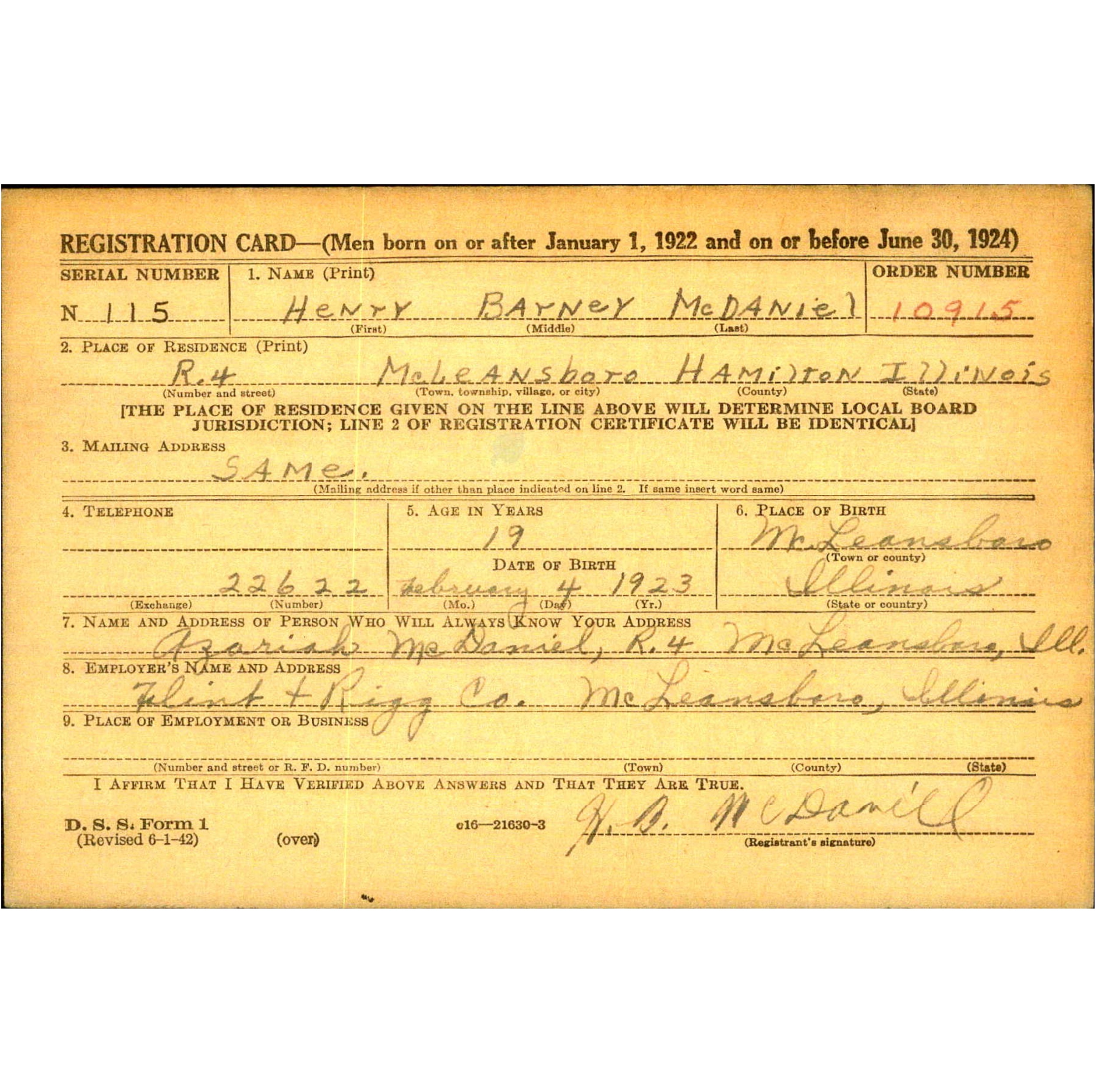  Henry McDaniel’s Draft Registration card 