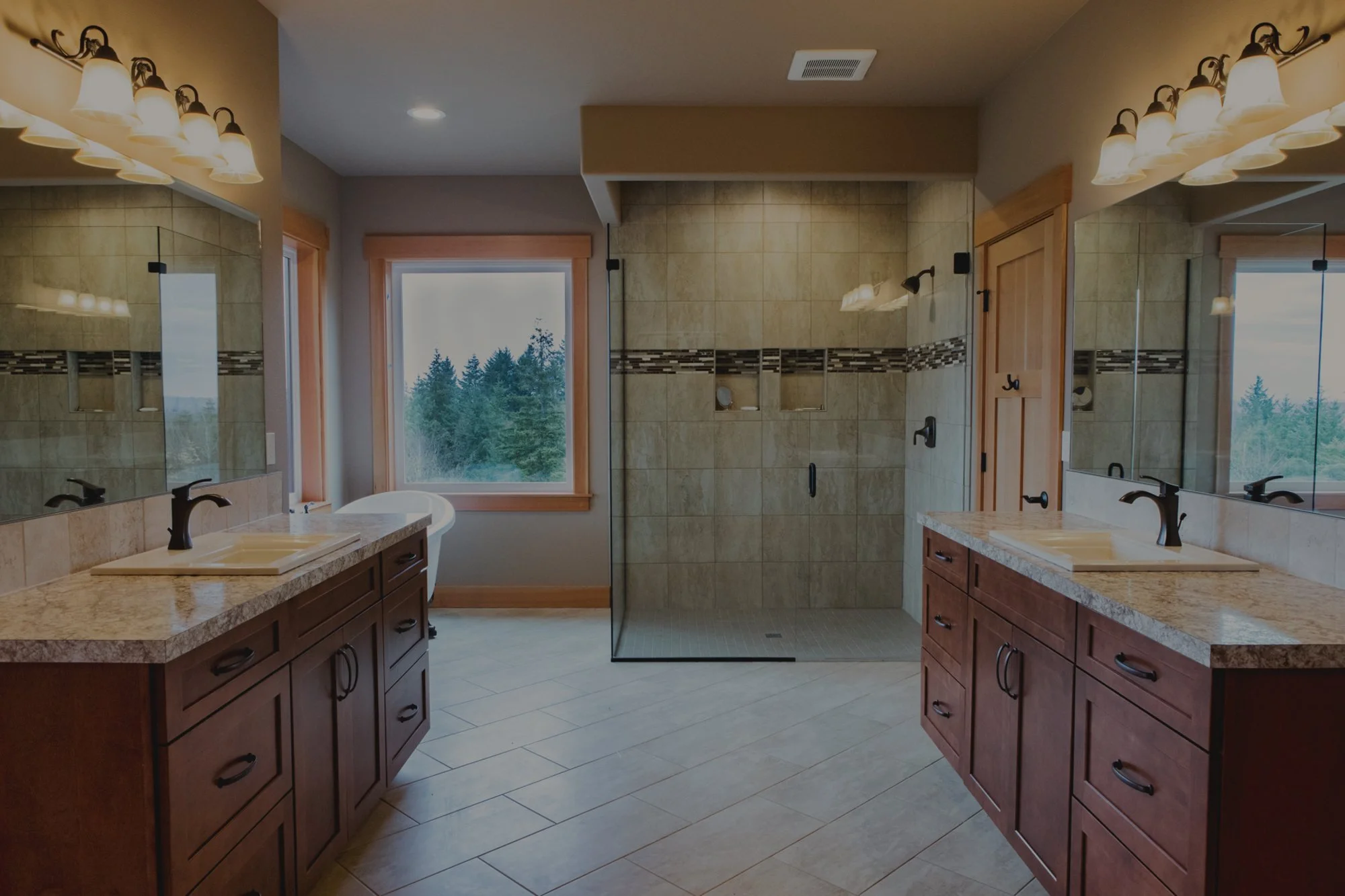 Lonnie's custom home in Maytown featuring spa bathroom with panoramic views on acreage - FoxHead Construction Thurston County