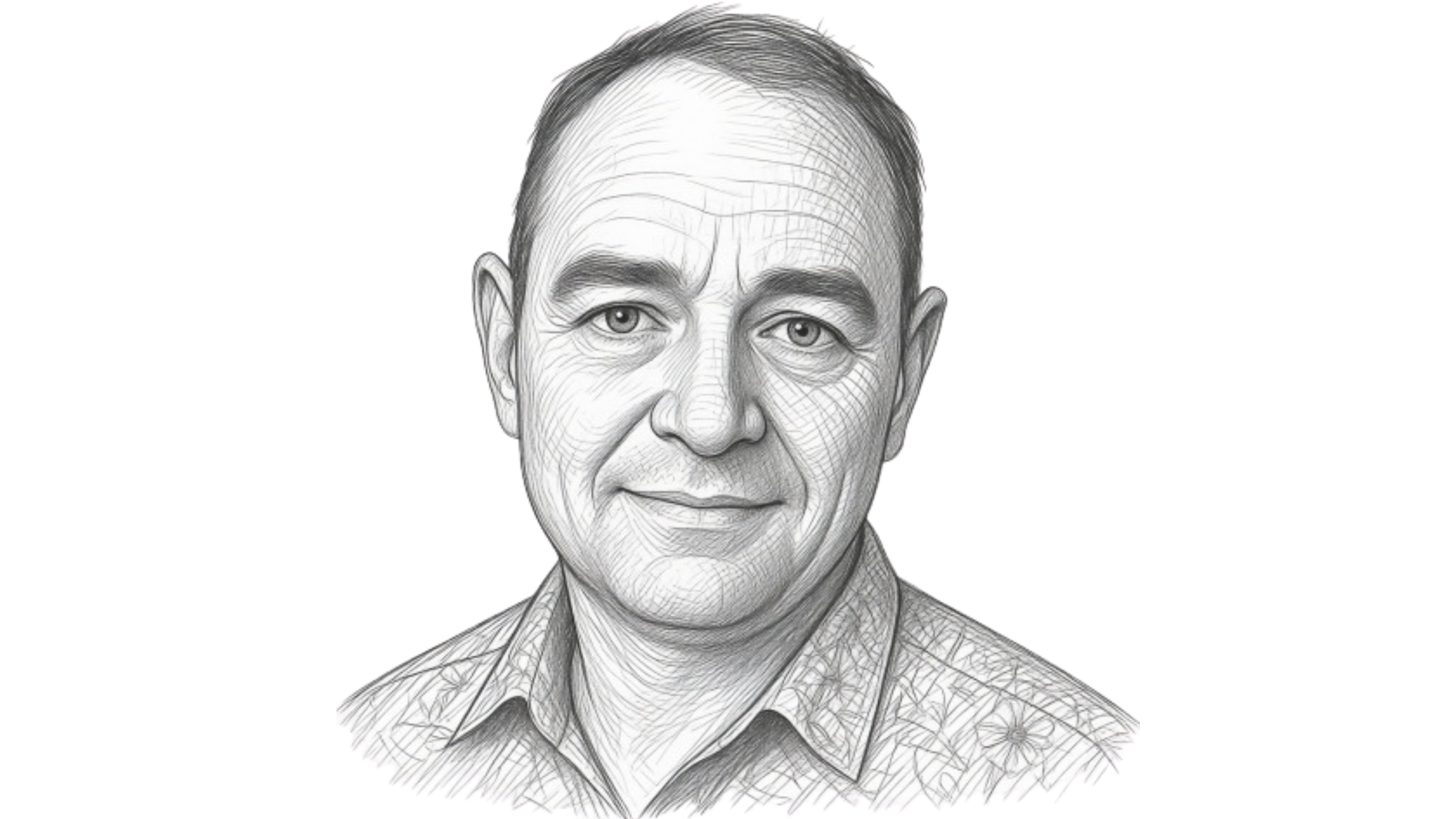 Line drawing of Philip Tinsley, a white man with dark hair and a flowery button down on.
