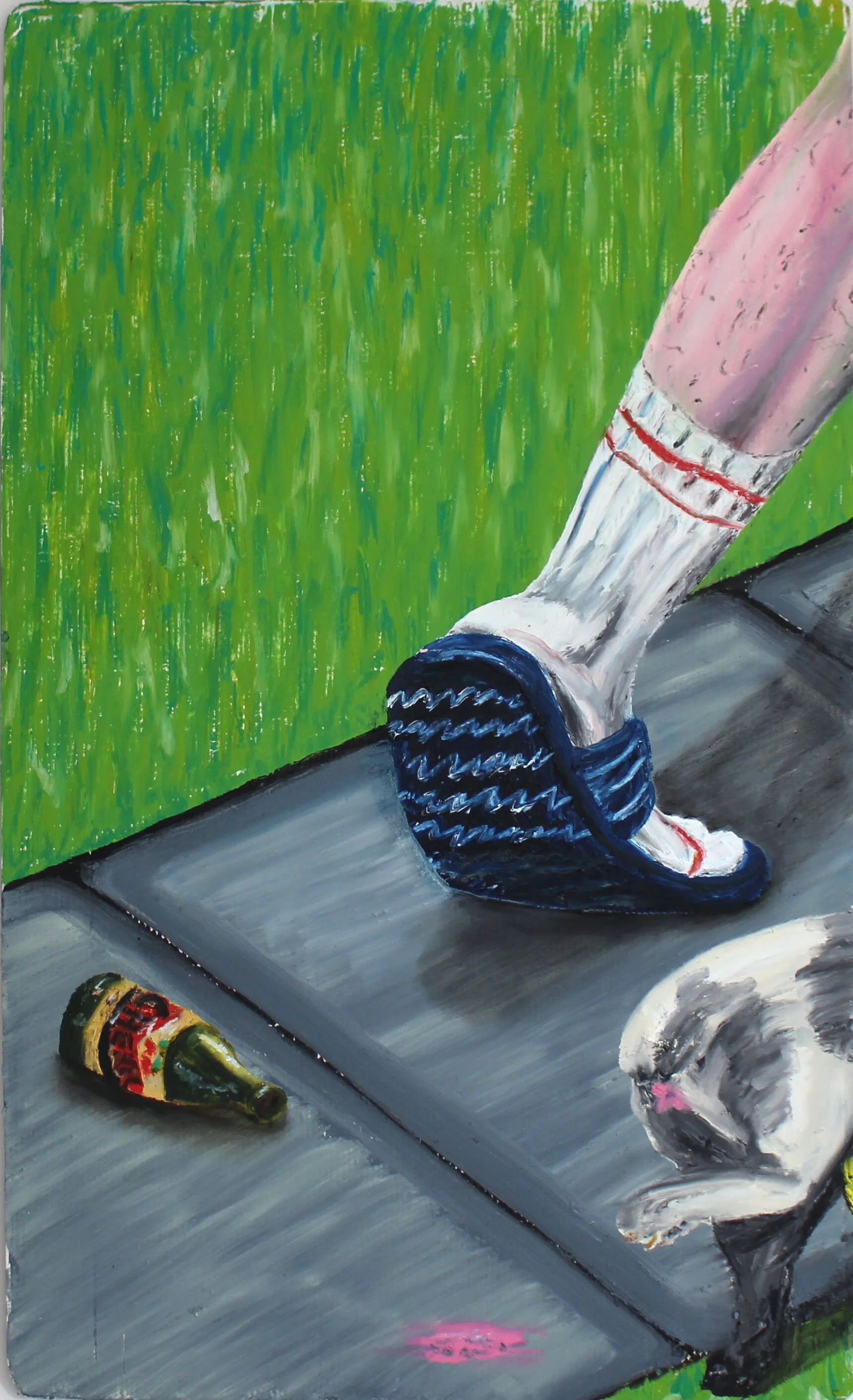 walking monster (east london), oil stick on cardboard, 20" x 36", 2021