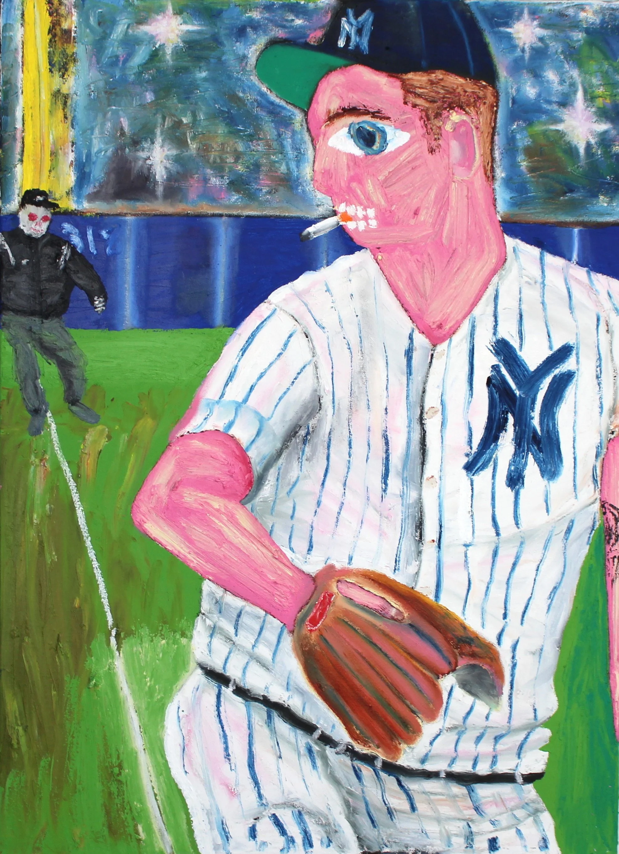 self portrait smoking as a yankees left-hander, oil stick on canvas, 24" x 36", 2022
