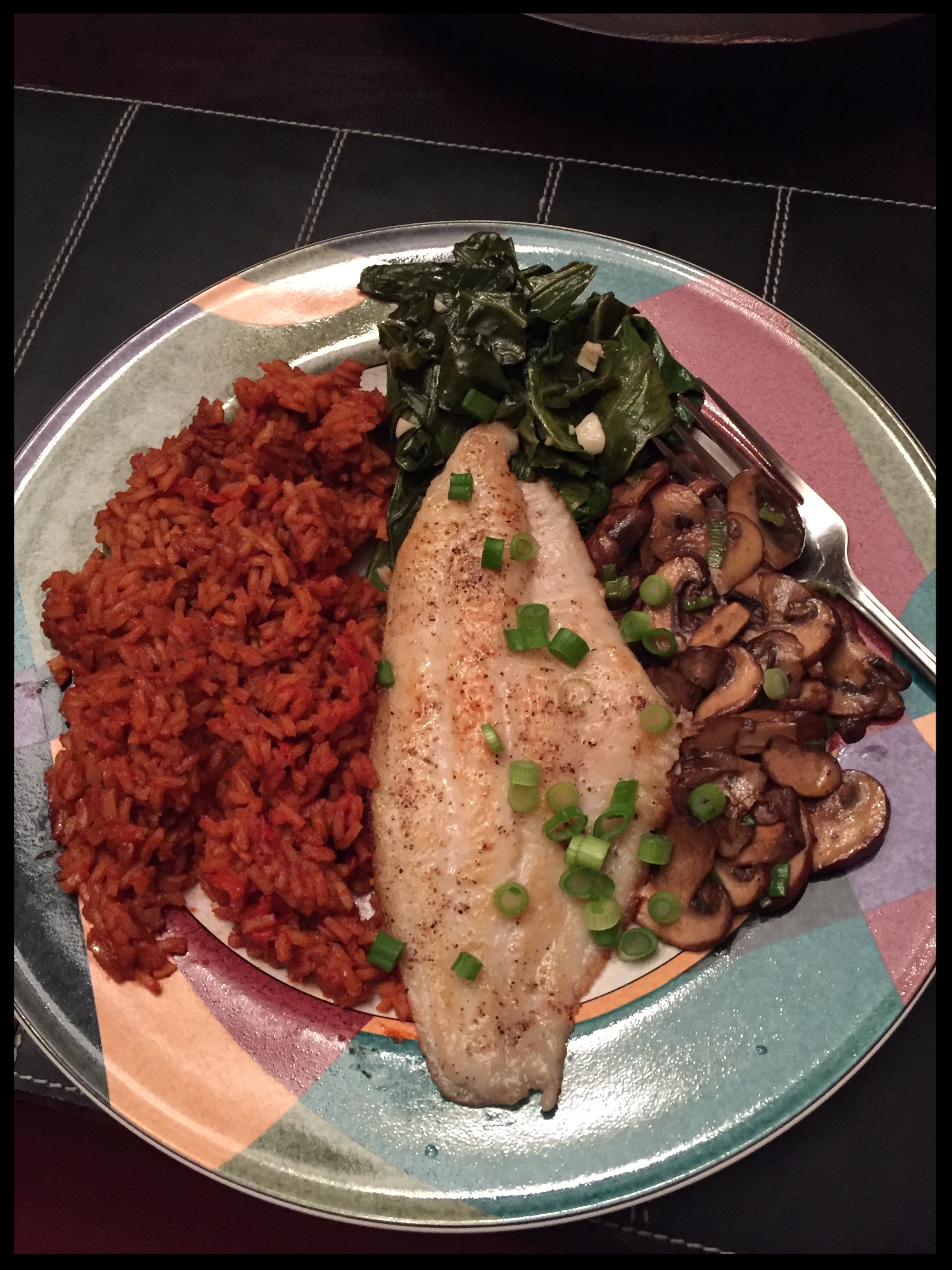 Cajun Catfish & Spiced Rice with Collard Greens & Mushrooms