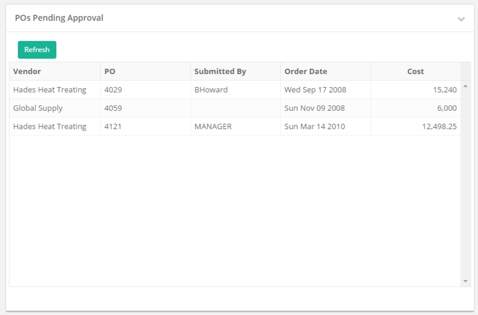 Bezlio screenshot of a list of purchase orders that are pending in Epicor ERP