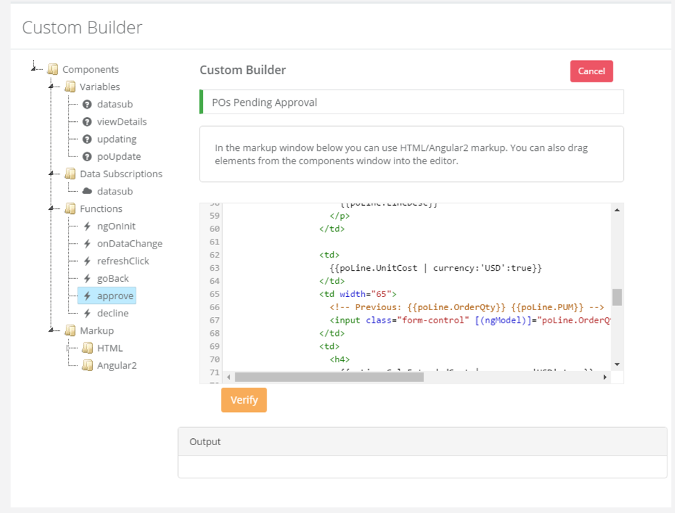 Bezlio screenshot of the custom builder being used to add the ability to update purchase order quantities and unit prices at the time of approval on a mobile device for Epicor ERP