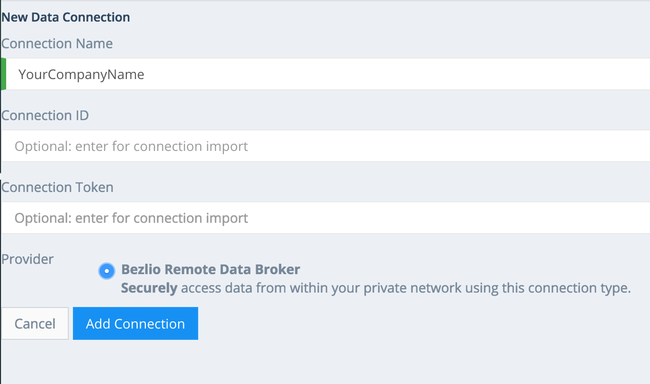 Screenshot of the Bezlio screen to add a new connection name and select BRDB as the provider name.