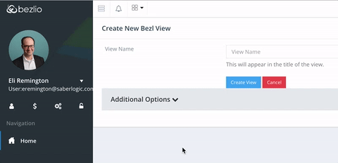 Screen capture of the bezlio portal as the user creates a name for the view and then clicks the