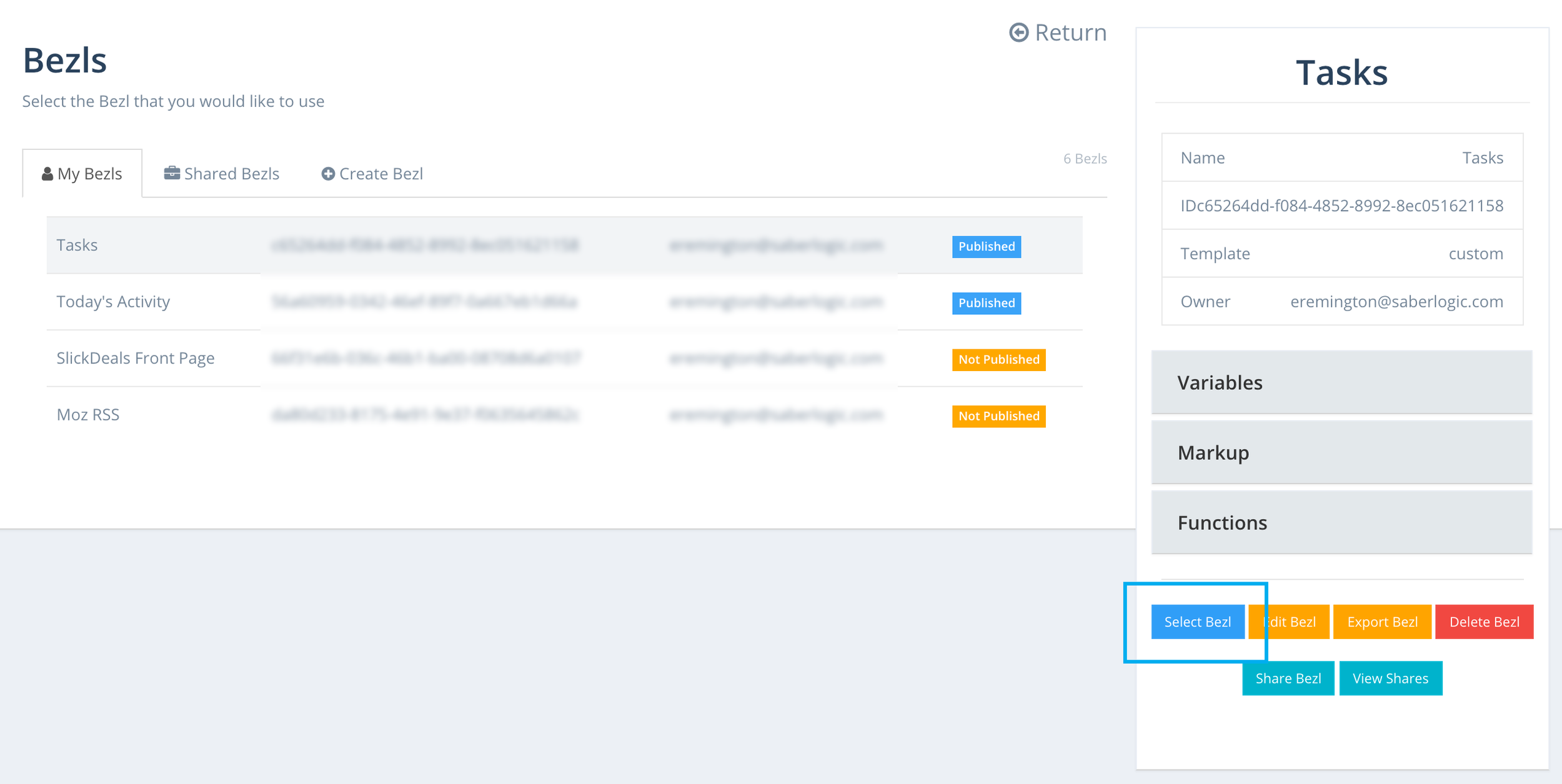Screen shot of the Bezlio portal as the user selects the Bezl to use for the new view being created.