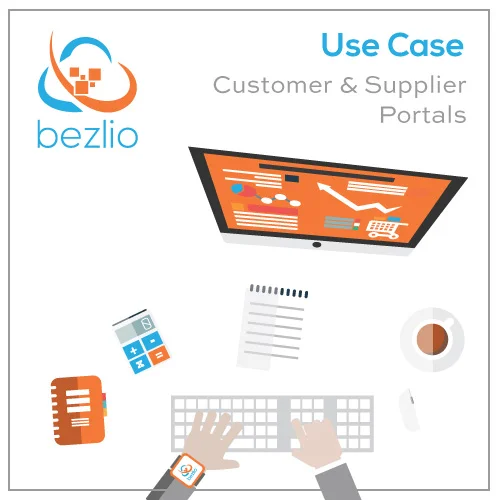 Illustration of a desktop with computer monitor displaying a customer and supplier portal, coffee, calculator, and keyboard, which illustrates Bezlio's ability to integrate with Epicor or any other ERP to display invoices, order status, or even customer-specific inventory and deliver a customer self service portal.