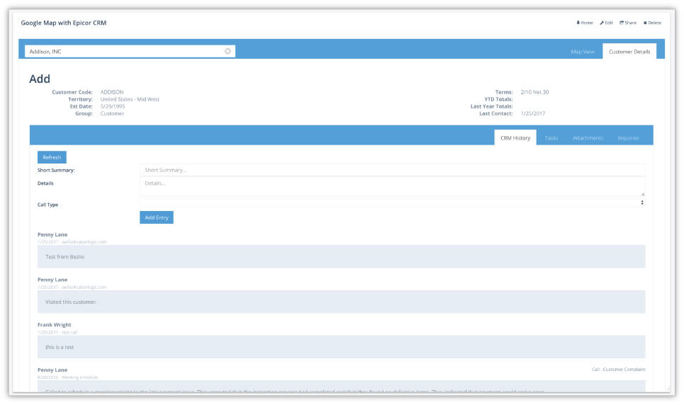 Epicor CRM Data on Mobile Device: Customer Detail Screen