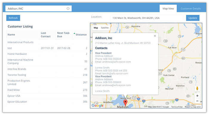 Screenshot of Bezlio displaying a Google Map that has been integrated with a mobile Epicor CRM solution. Bezlio can be run on any mobile device, such as an iPhone, iPad or Android device.
