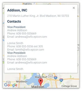 A screenshot of the interface in Bezlio of the Epicor CRM integration with Google Maps on a mobile device, which allows you to click to call and open emails right from your iPhone or Android phone.