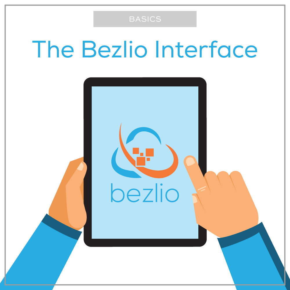 Illustration of hands on a tablet with the Bezlio logo in the center. This illustration highlights the blog post about how to navigate around the Bezlio interface.