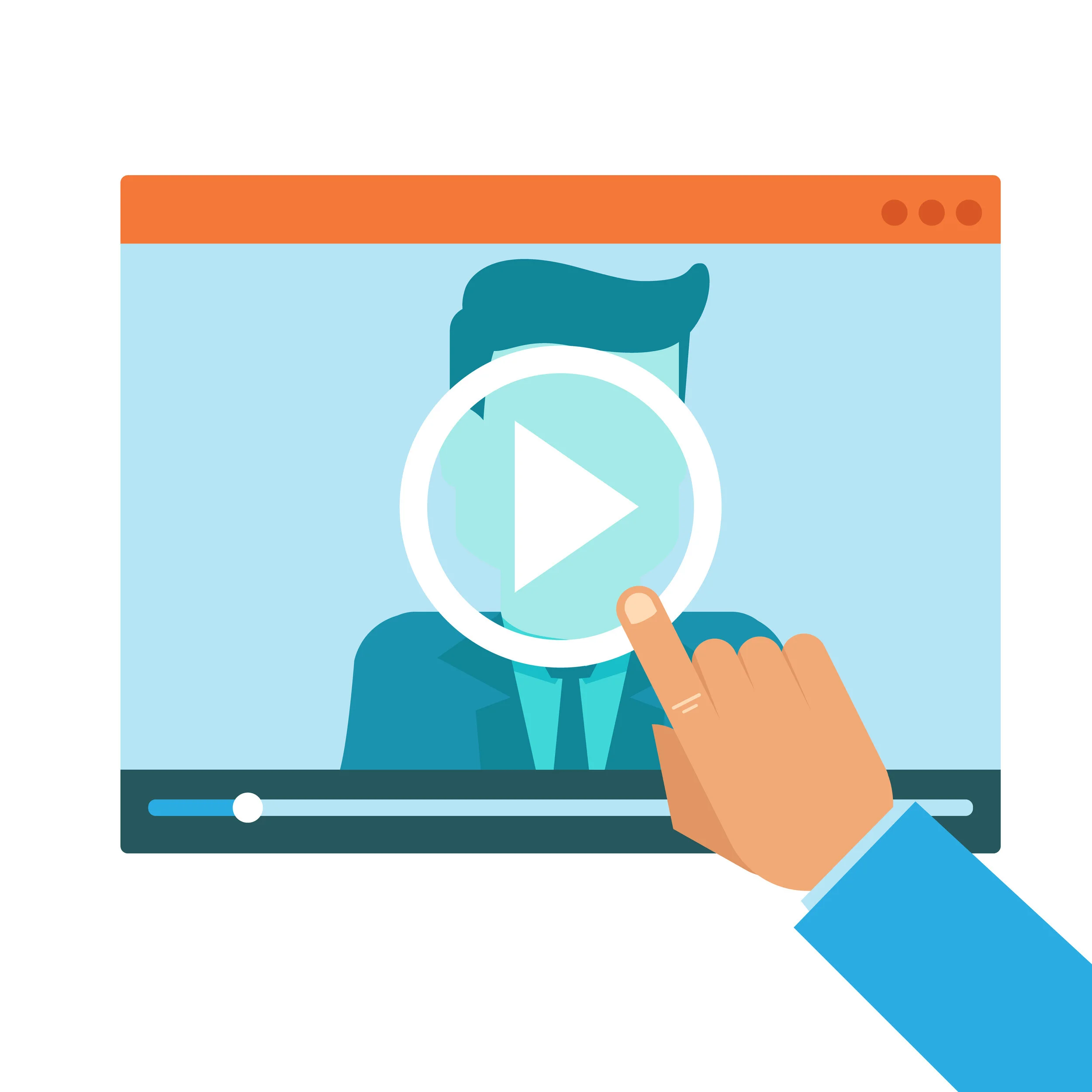 Illustration of a video player on a computer, with a hand on top of it, representing our collection of tutorial videos.