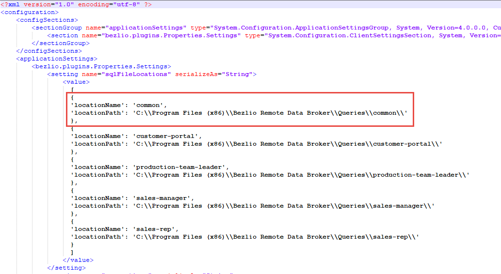 Screenshot of the SQL Server configuration file in Bezlio that allows you to define the folders where you are storing your queries. 