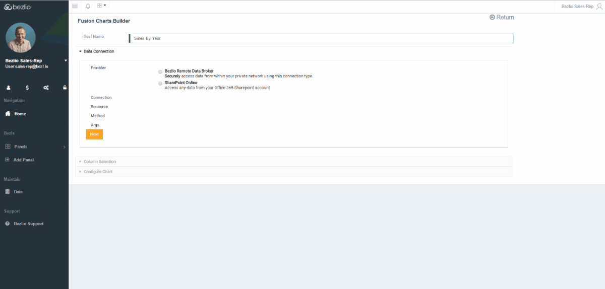 Animated GIF that shows a Bezlio user going through the data connection screen to define the various aspects to provide data to the graphical Bezl.