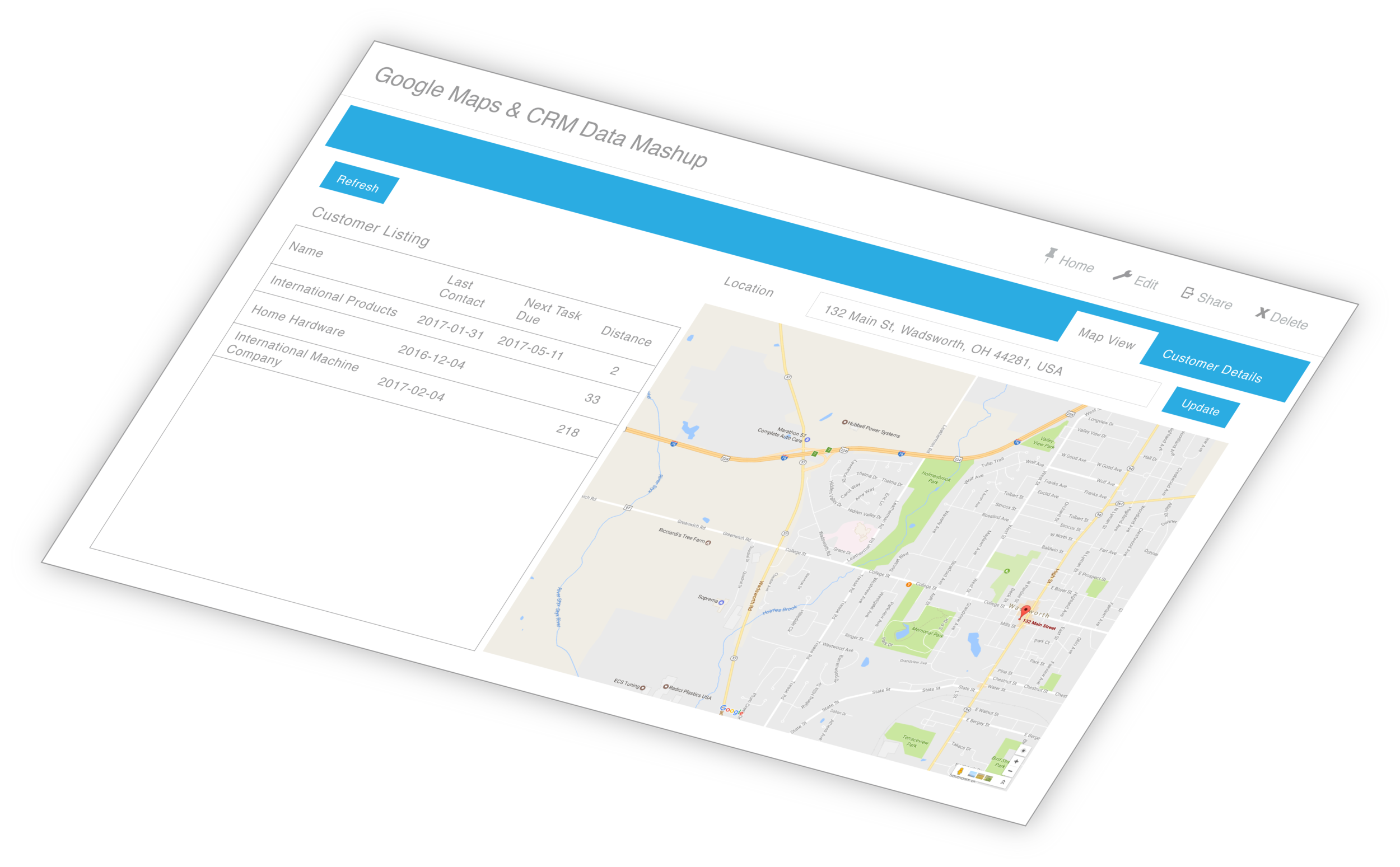 Isometic image of a screenshot of Bezlio that has mashed up data from a CRM and Google Maps.