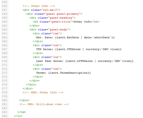 Image of HTML code thatBezlio uses to power the front-end data visualizations. This means that any developer with knowledge of HTMl can customize the display of data in Bezlio.