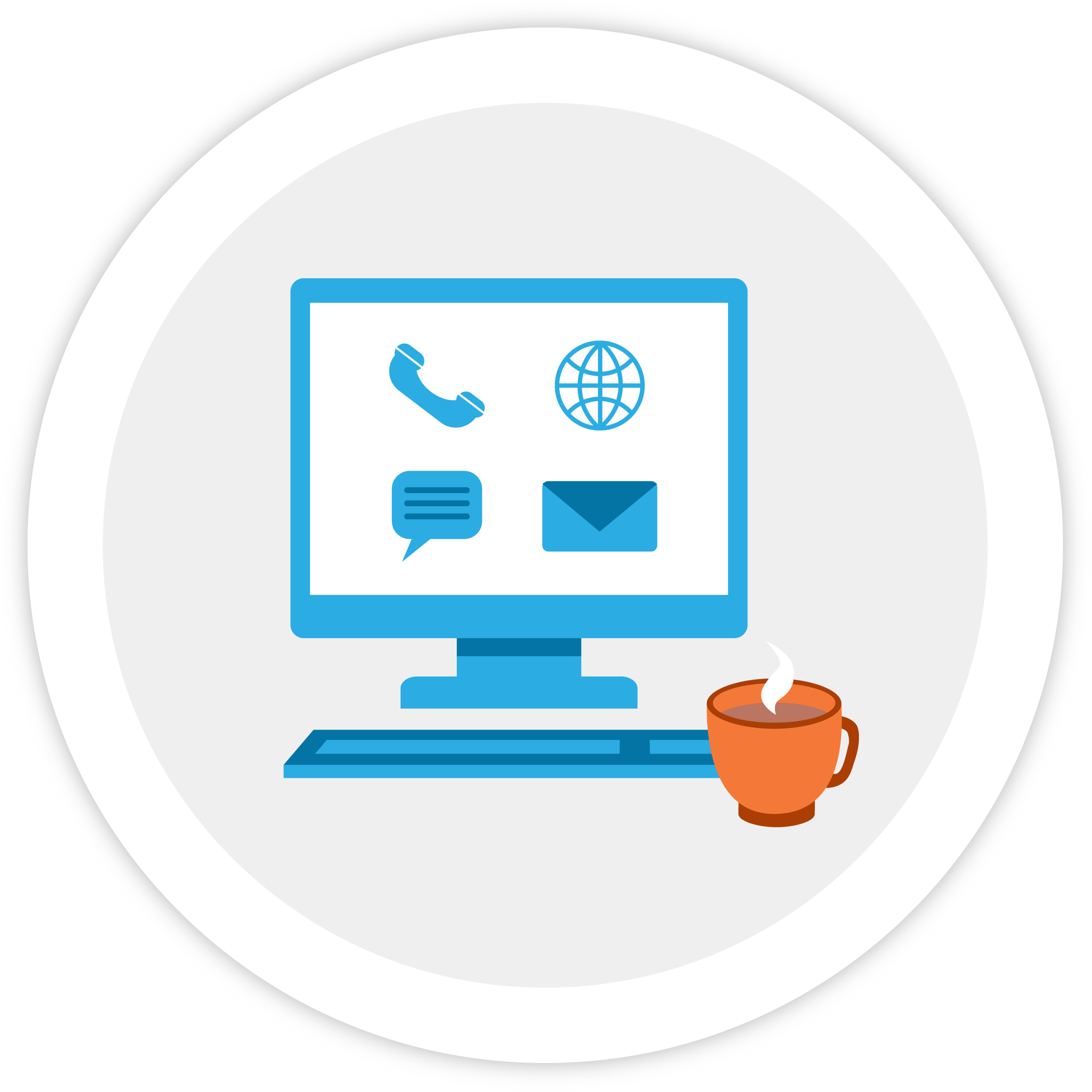 Illustration of a computer with icons for phone, web, chat, and email (and a cup of coffee), representing ways that resellers can communicate with us!