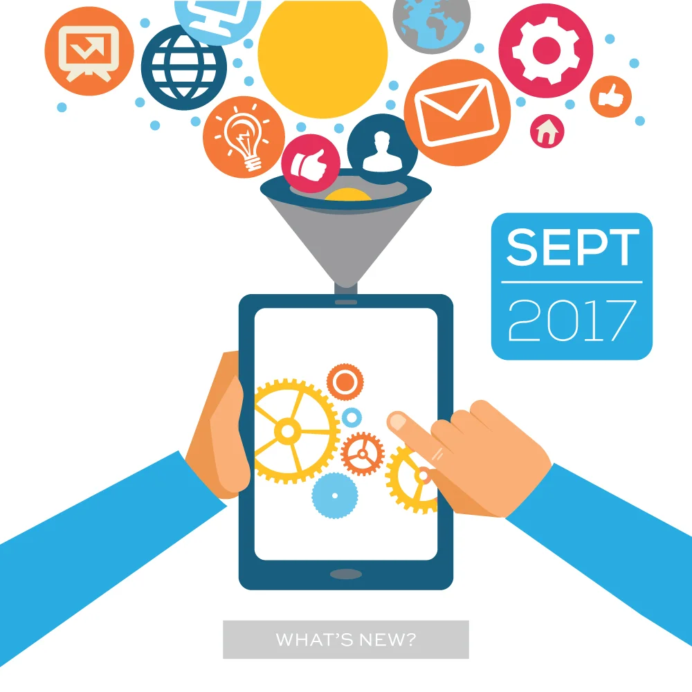 Illustration of hands using a tablet. This is the cover image for the Bezlio "What's New?" post for September 2017.