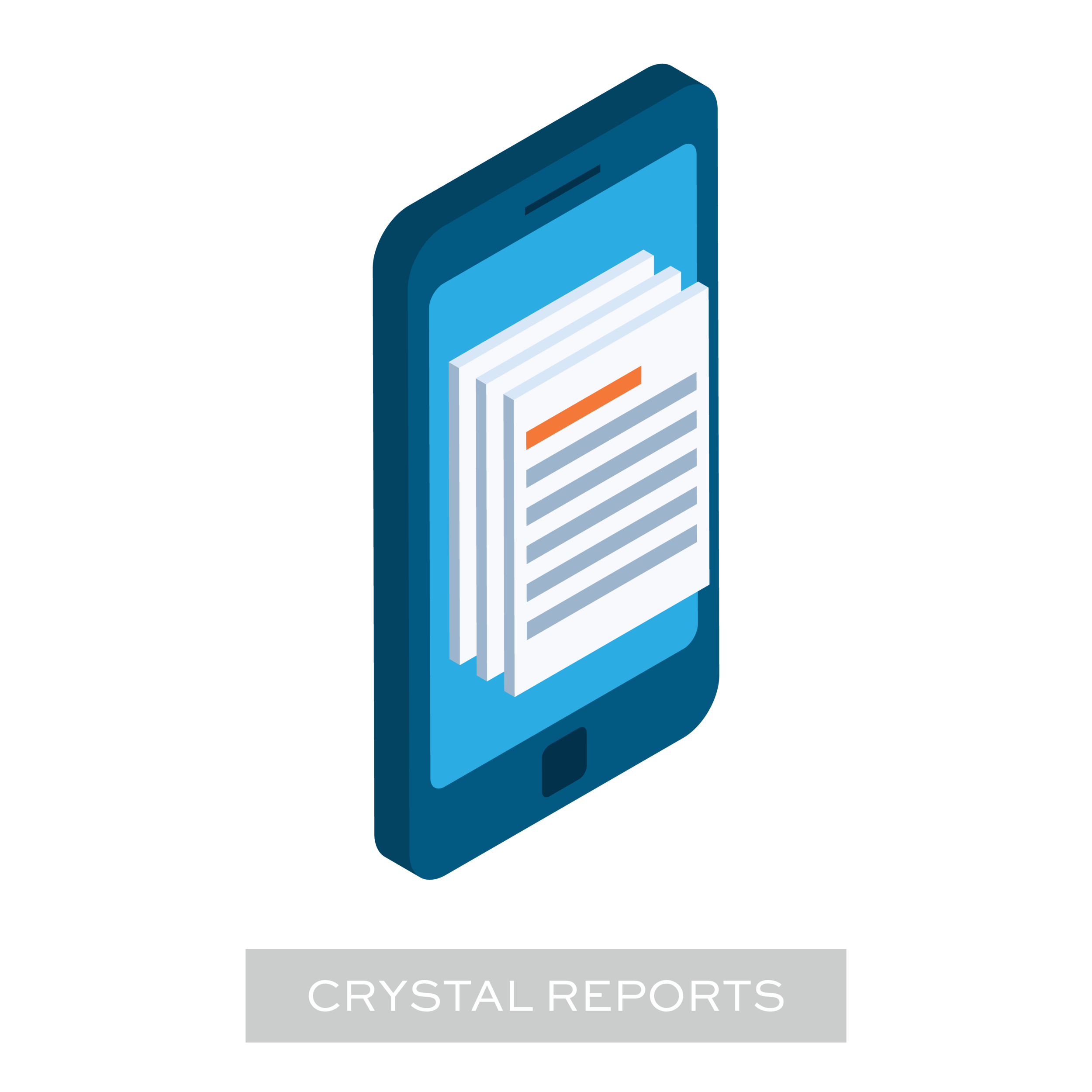 A 3D illustration of a mobile phone with Crystal Reports on it, which is representing the area that provides step-by-step instructions for setting up Bezlio for Crystal Reports.