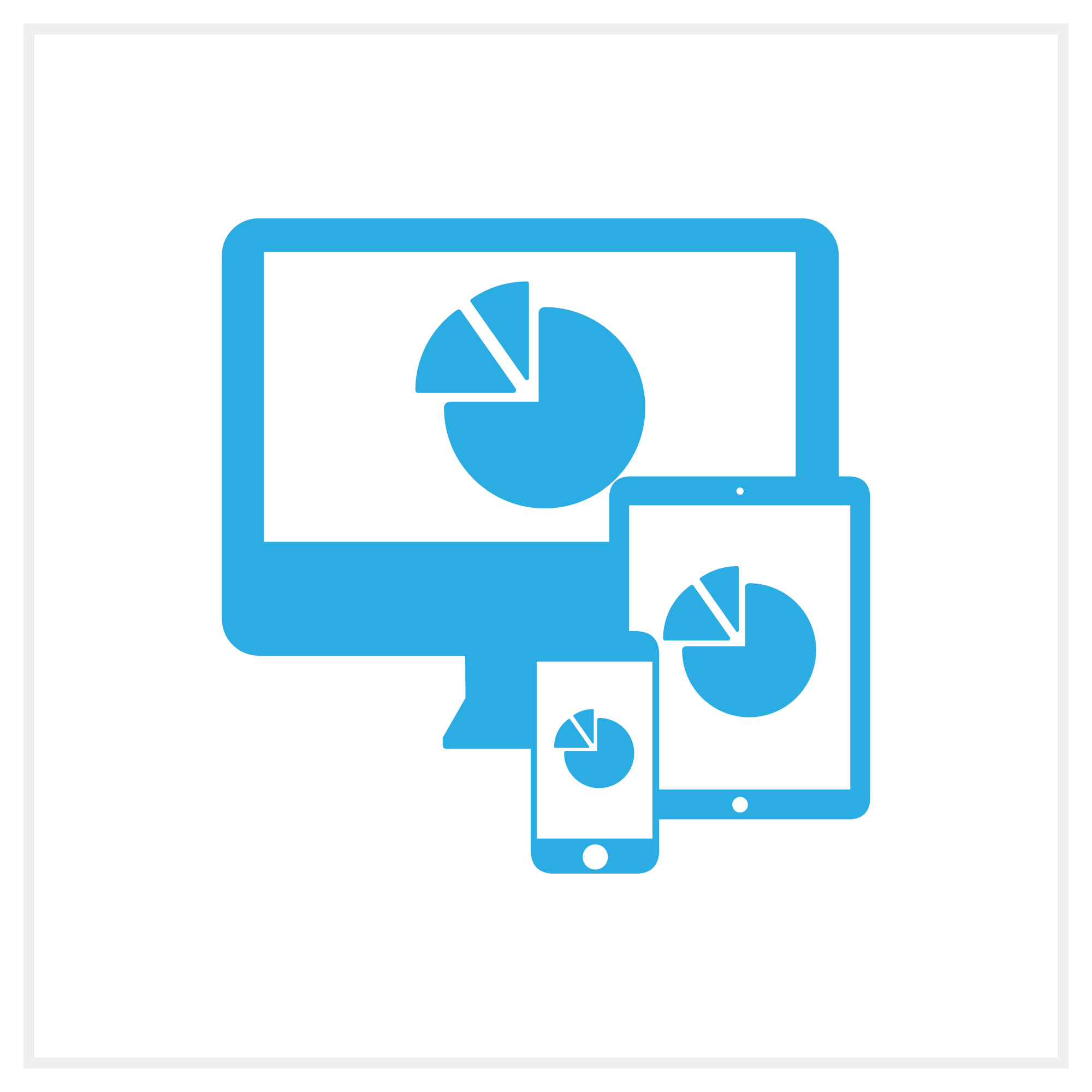 Illustration of a desktop monitor and two mobile devices with a pie chart on them, representing Bezlio's ability to display dashboards and analytics for any mobile device.