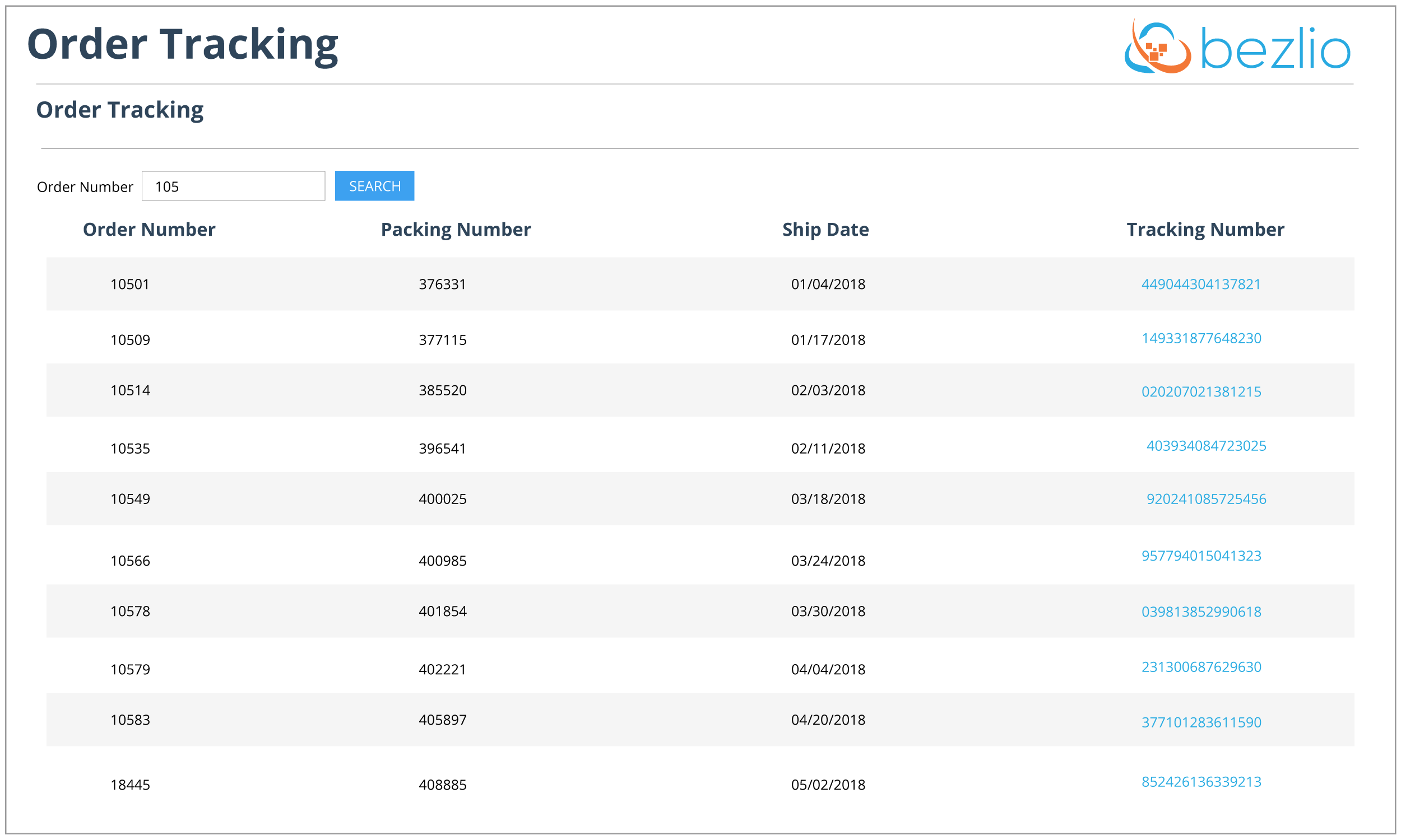 Screenshot of Bezlio's self-service customer portal screen that gives customer's the ability to review and track their orders. Data is pulled in real-time from your on-premise data sources.