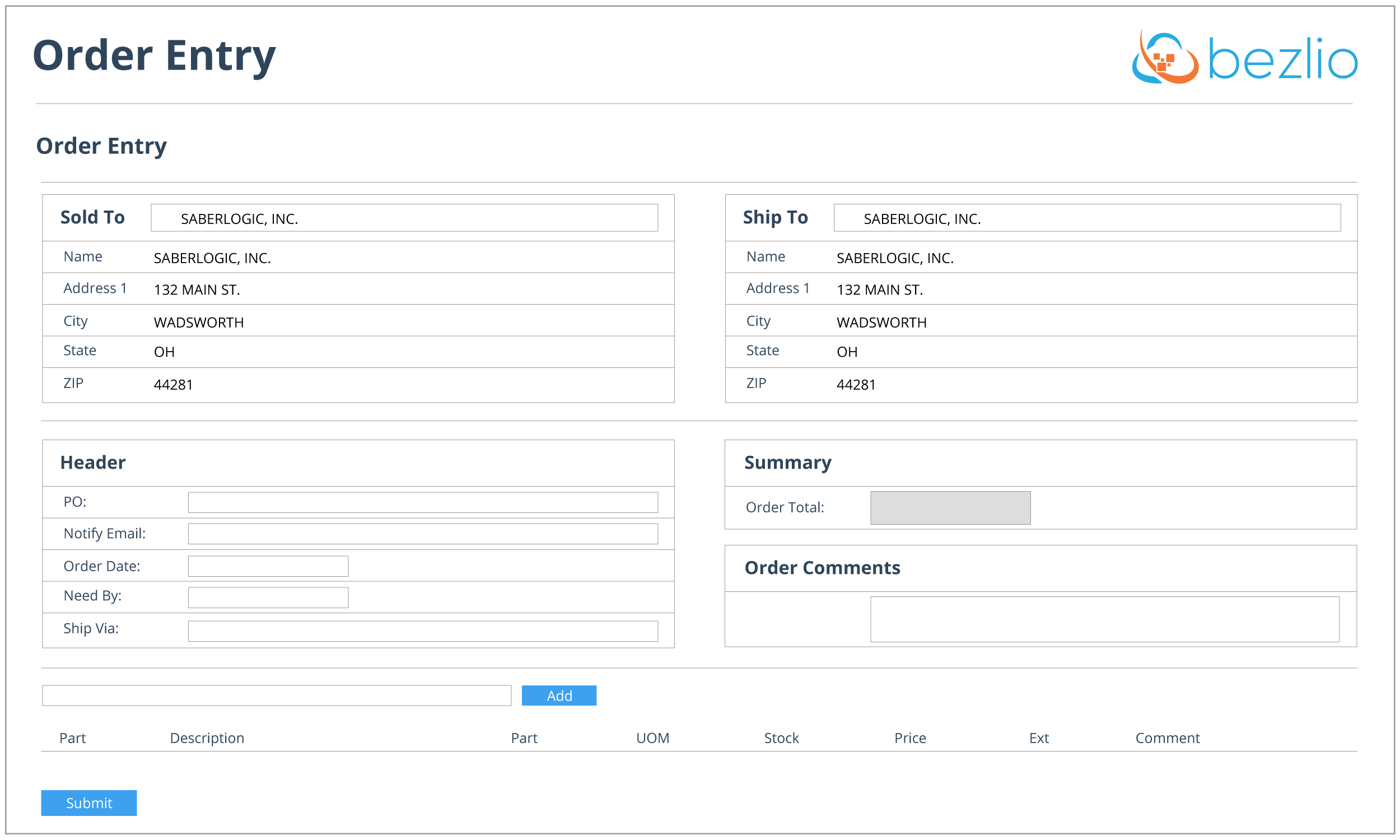 Screenshot of Bezlio's self-service customer portal screen that allows customers to place orders. This is an example of a Bezlio write-back application that can write real-time data back to your on-premise or cloud source data, without opening holes in your firewall.