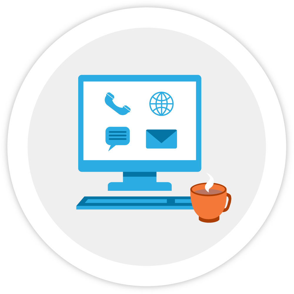 Illustration of a desktop computer with icons that represent telephone, chat, internet or email communications.