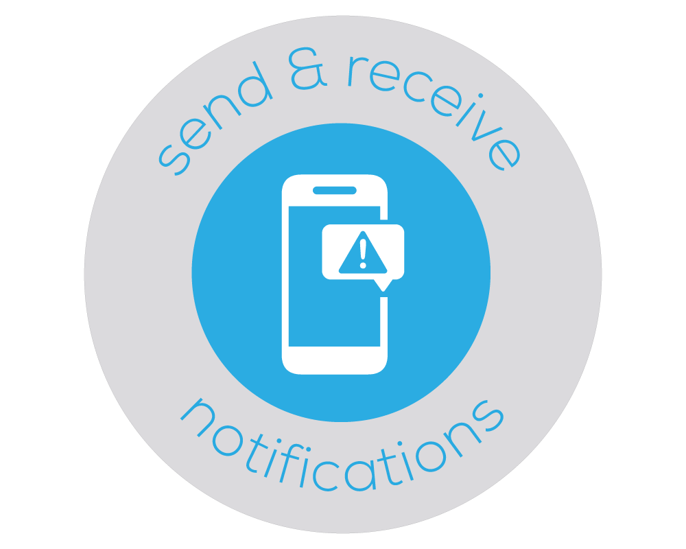 Badge that has an icon with a mobile phone and a notification alert which represents Bezlio's ability to do push notifications to users that alert sales teams of new events, exceptions, changes or other critical information.