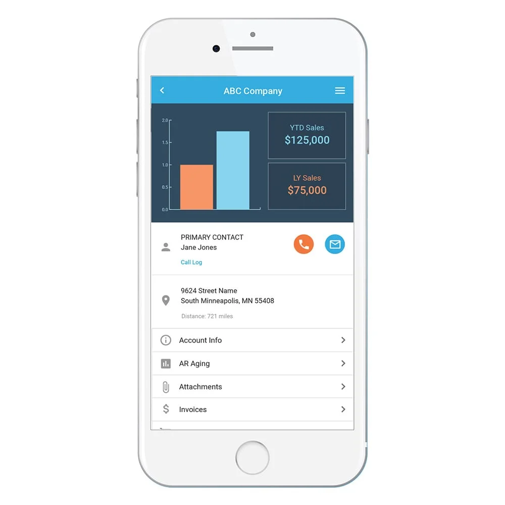 Picture of an iPhone with a Bezlio CRM screen that displays data from an Epicor ERP/CRM database in real-time. Users can interact with the data and get push notifications.