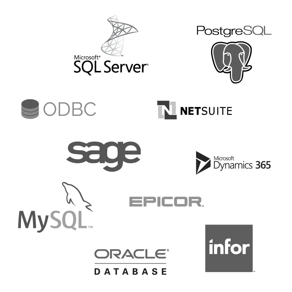 Logos of various ERP systems and databases that Bezlio integrates with