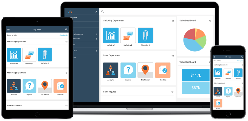 Bezlio no-code/low-code mobile app platform displayed on a mobile phone. The screenshot of the mobile sales software dashboard shows company account details, sales performance metrics, and buttons to drill-down to see AR aging, invoices, orders and more on a mobile device.