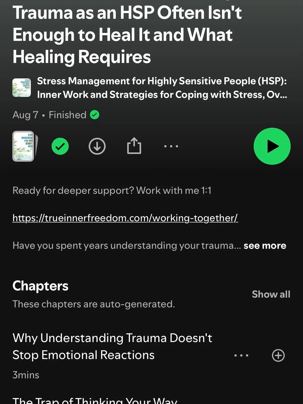 Here are podcasts I listened to this week that I recommend listening to:

The trauma as an hsp episode talks about learning to work with parts who are stuck on old programming and how to help update and work with them. Has a bit of an IFS feel!

I li