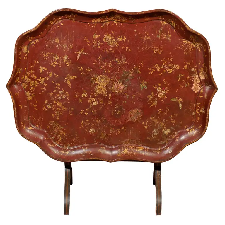 1st Dibs, William Word Fine Antiques, English Shaped Oval Painted Chinoiserie Tray on Folding Stand 