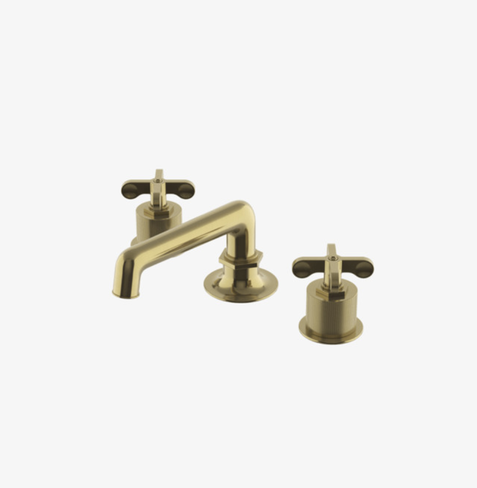 Waterworks, Henry Low Profile Three Hole Deck Mounted Lavatory Faucet with Coin Edge Cylinders and Metal Cross Handles, Burnished Brass