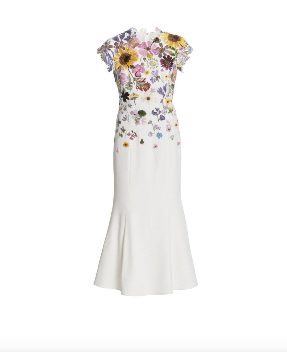 Moda Operandi, Oscar de la Renta Pressed Floral-Embroidered Stretch Wool Crepe Trumpet Dress