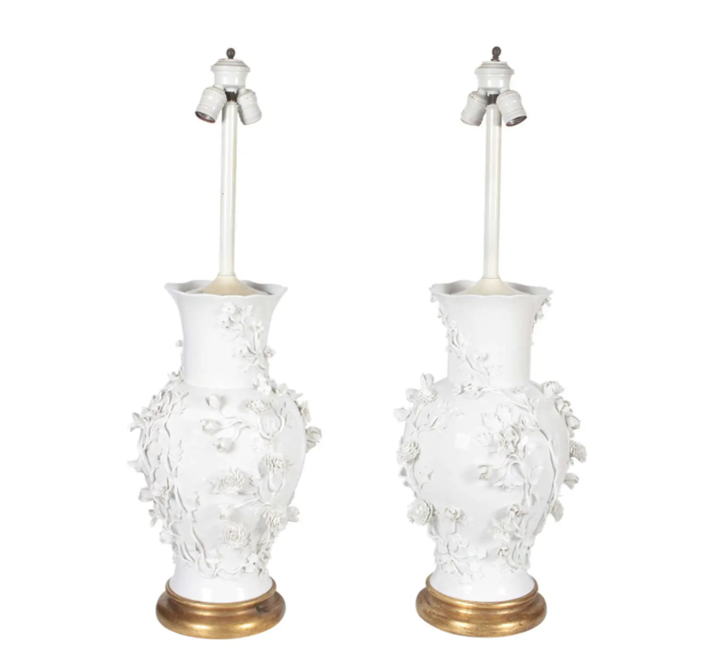1st Dibs, Pair of Antique Blanc de Chine Porcelain Lamps with Raised Flowers