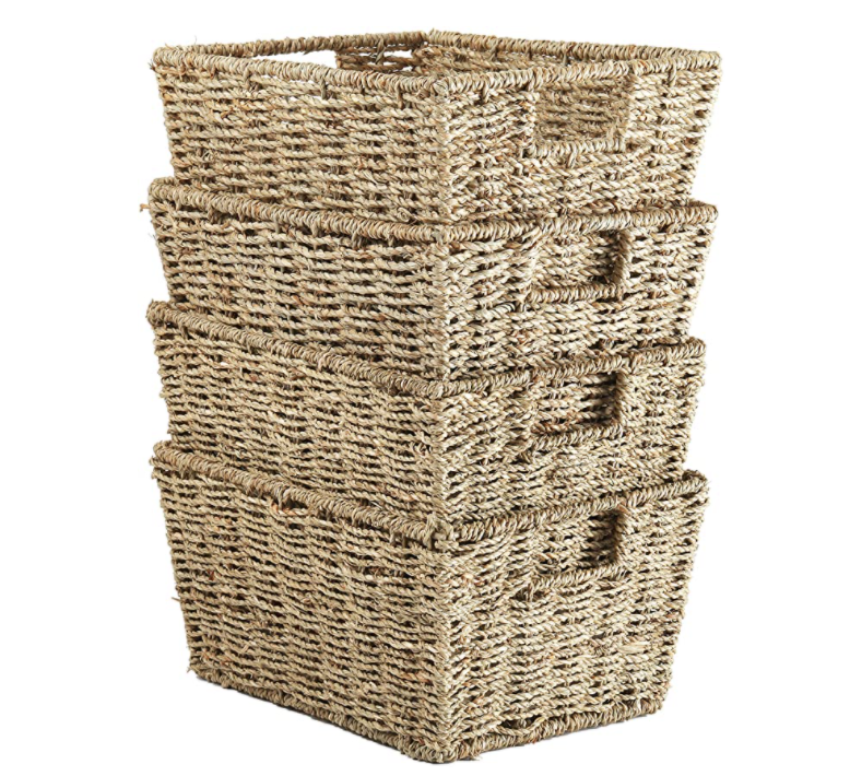 Amazon, Welcare Set of 4 Seagrass Storage Baskets with Insert Handles Ideal for Home and Bathroom Organization