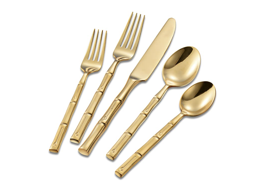 Amazon, Flatasy Flatware Set Gold Silverware Set with Bamboo Pattern Mirror Polished 20 Pieces Cutlery Set Housewarming Wedding Gift Service for 4