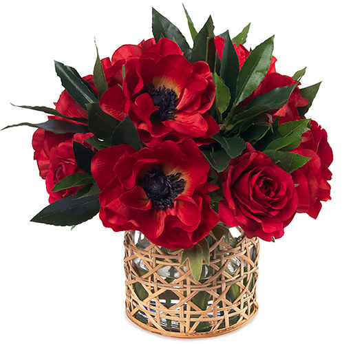 Gray Malin x Diane James, Faux Flowers RED ANEMONES AND ROSES, CANE VASE