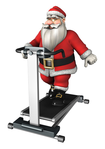 3D digital render of a Santa exercising on a tread mill isolated on white background