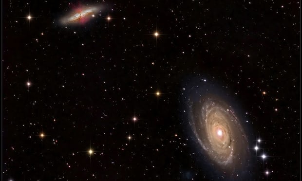 This image shows M81 (bottom right) and M82 (upper left), a pair of nearby galaxies where “intergalactic transfer” may be happening. Gas ejected by supernova explosions in M82 can travel through space and eventually contribute to the growth of M81. Photograph: Fred Herrmann, 2014