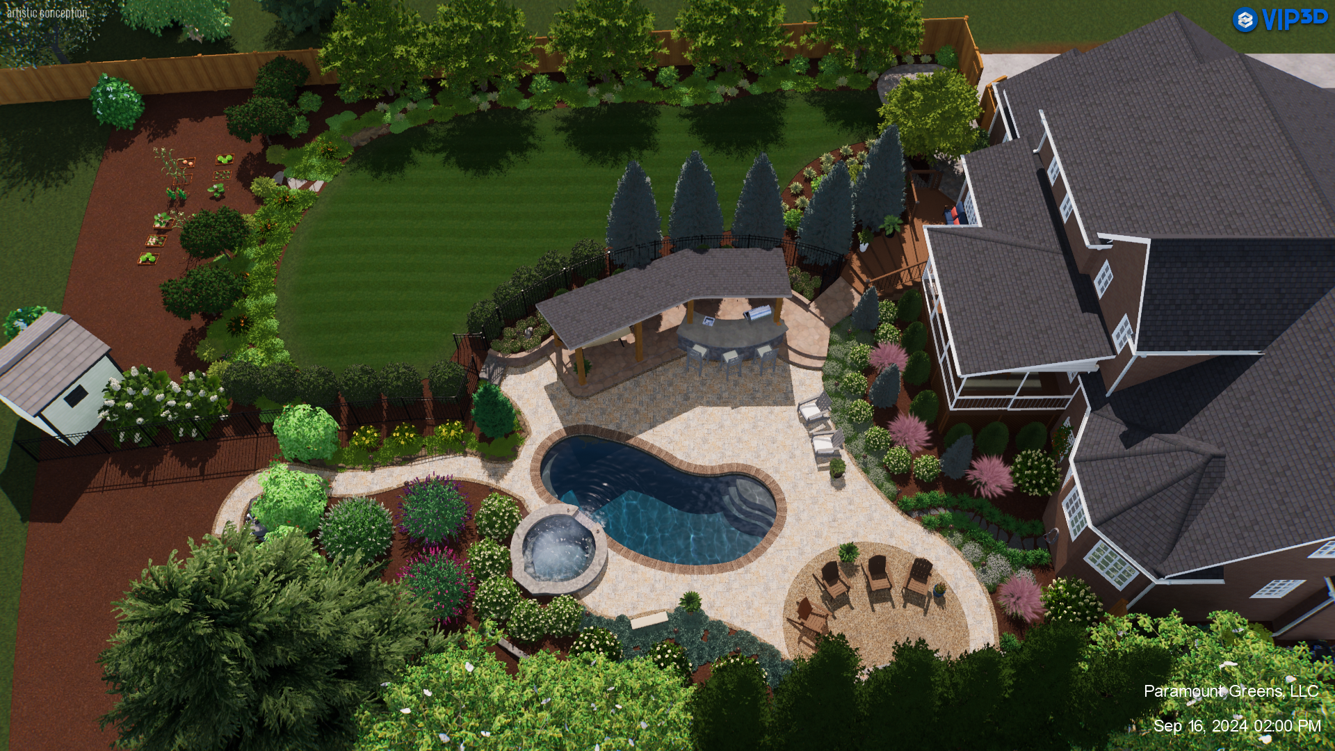 Overhead view of backyard poolscape with landscape design in Wade Hampton, SC
