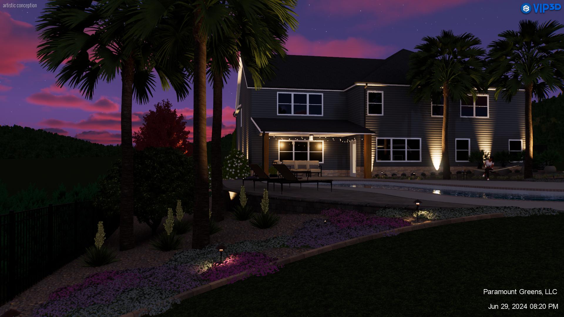 Two-story home with palm trees and outdoor lighting in Greenville, SC
