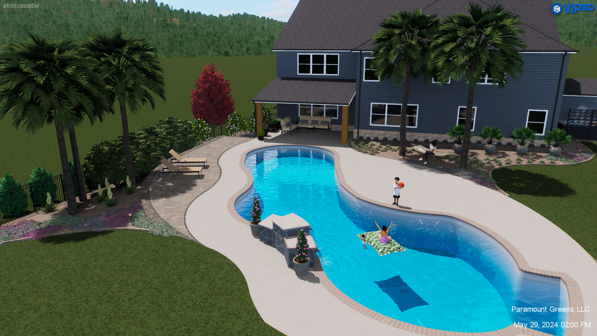 Backyard pool with lawn and outdoor living space in Wade Hampton, SC