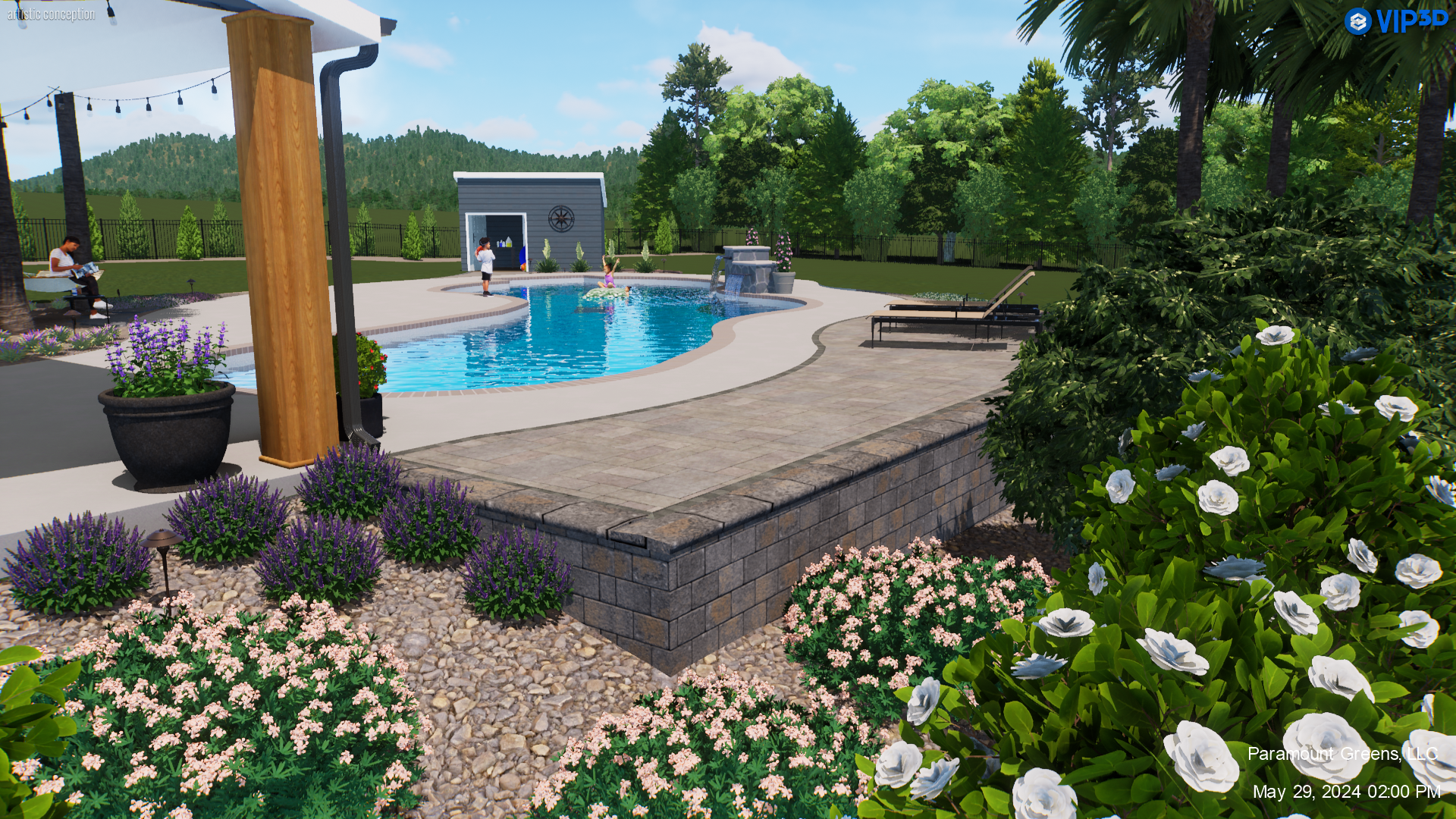 Poolside paver patio with surrounding landscape design in Greenville, SC