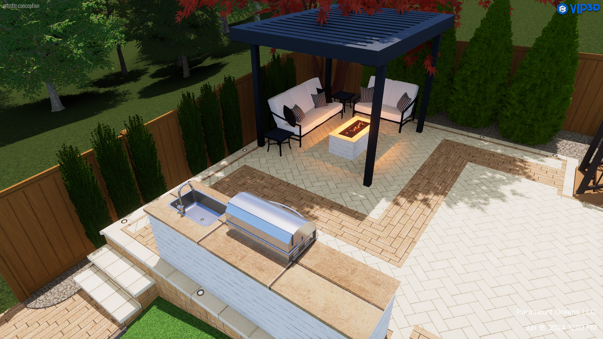 Outdoor sofa seating under pergola in Wade Hampton, SC